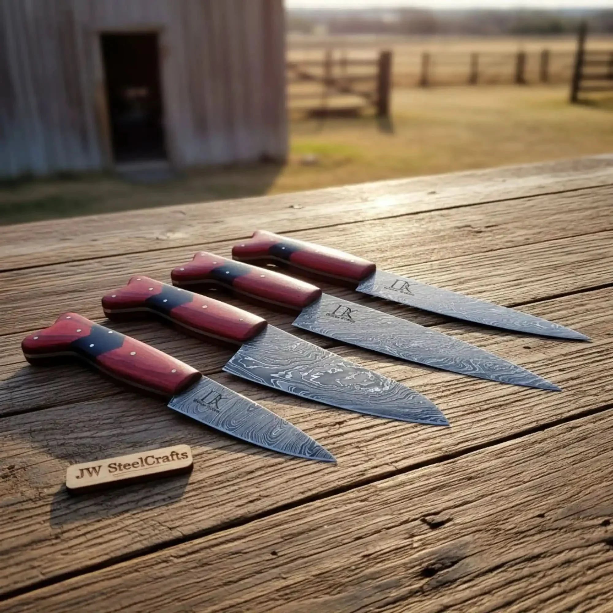 Handmade Red Wood Handle Damascus Kitchen Knife Set - 4 Piece Carving Chef Utility