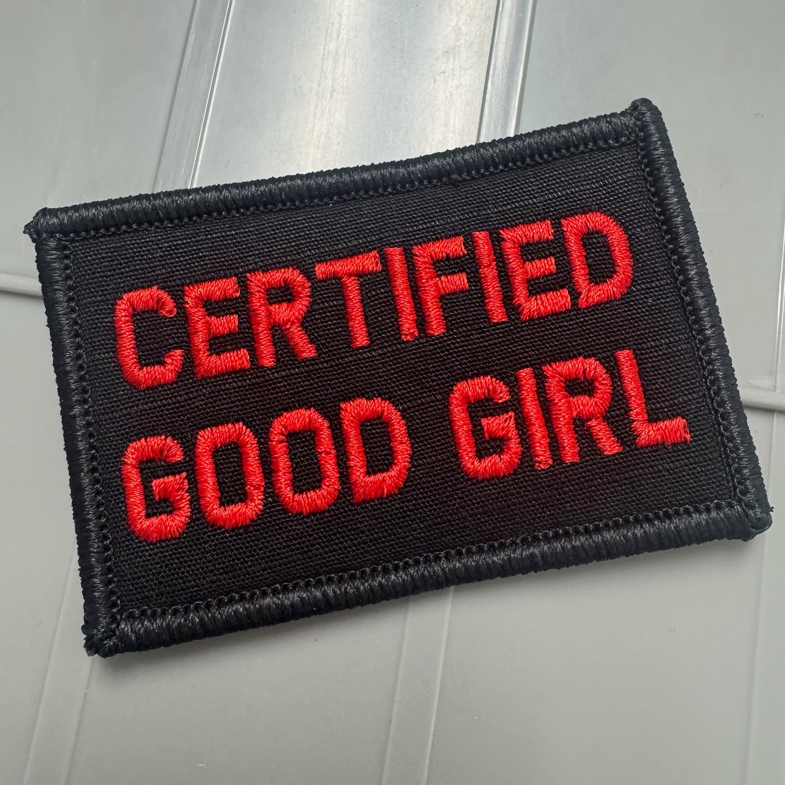 As Seen on Socials - Certified Good Girl  - 2x3 Patch - Black w/Red