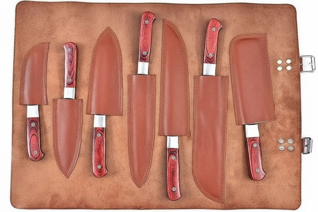 7-Piece Damascus Kitchen Knife Set - Complete Essential Blade Collection with Leather Roll