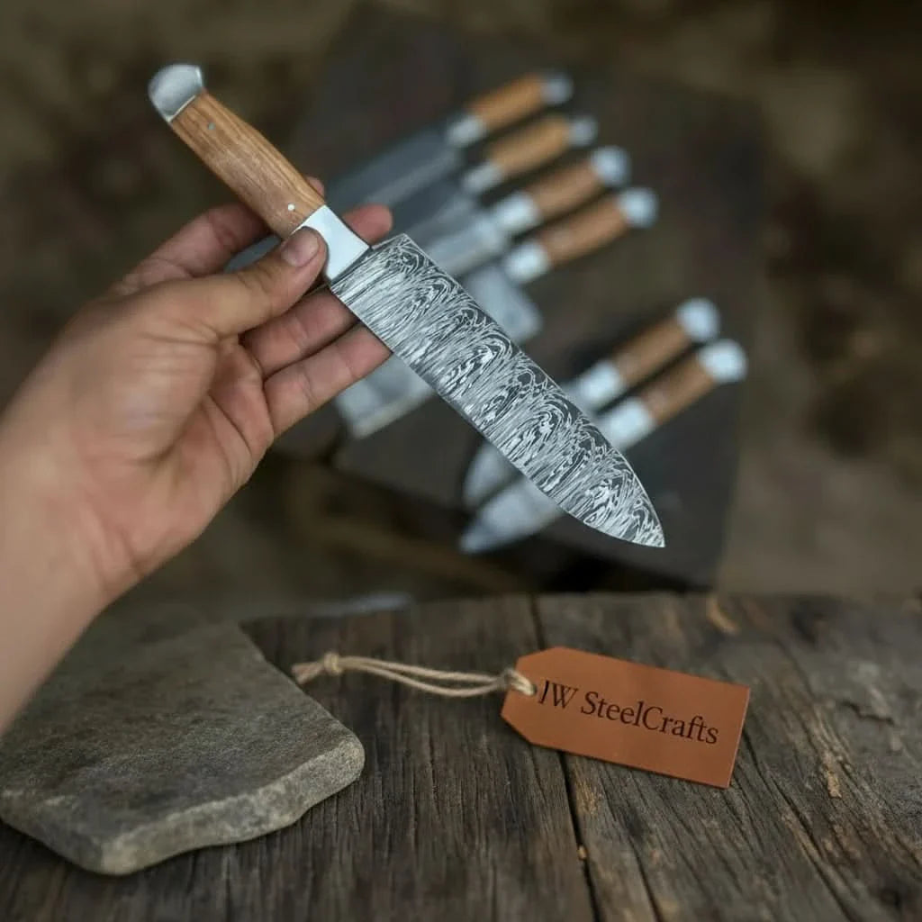 7-Piece Handmade Damascus Chef Knife Set with Wood Handles (Professional Kitchen Set)