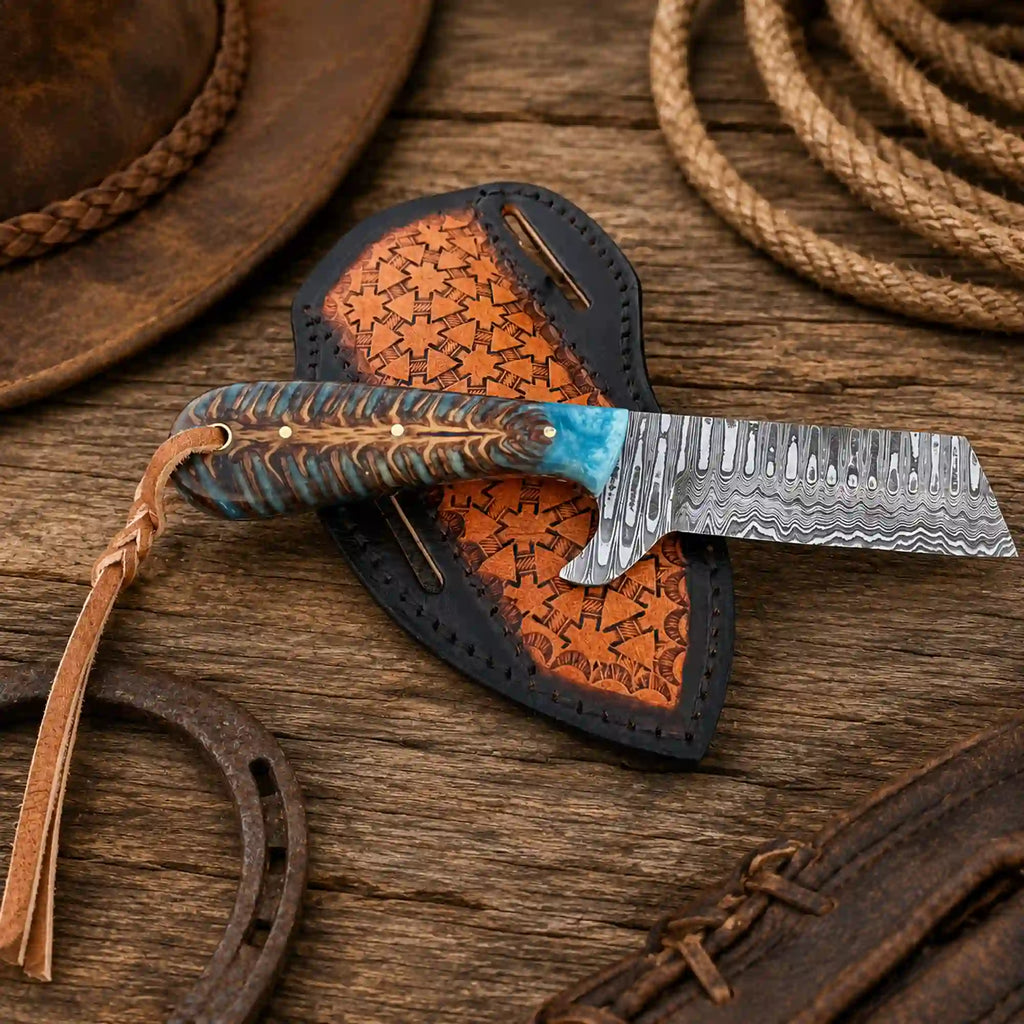 Damascus Steel Bullcutter Knife with Pine Cone Handle & Leather Sheath