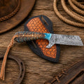 Damascus Steel Bullcutter Knife with Pine Cone Handle & Leather Sheath