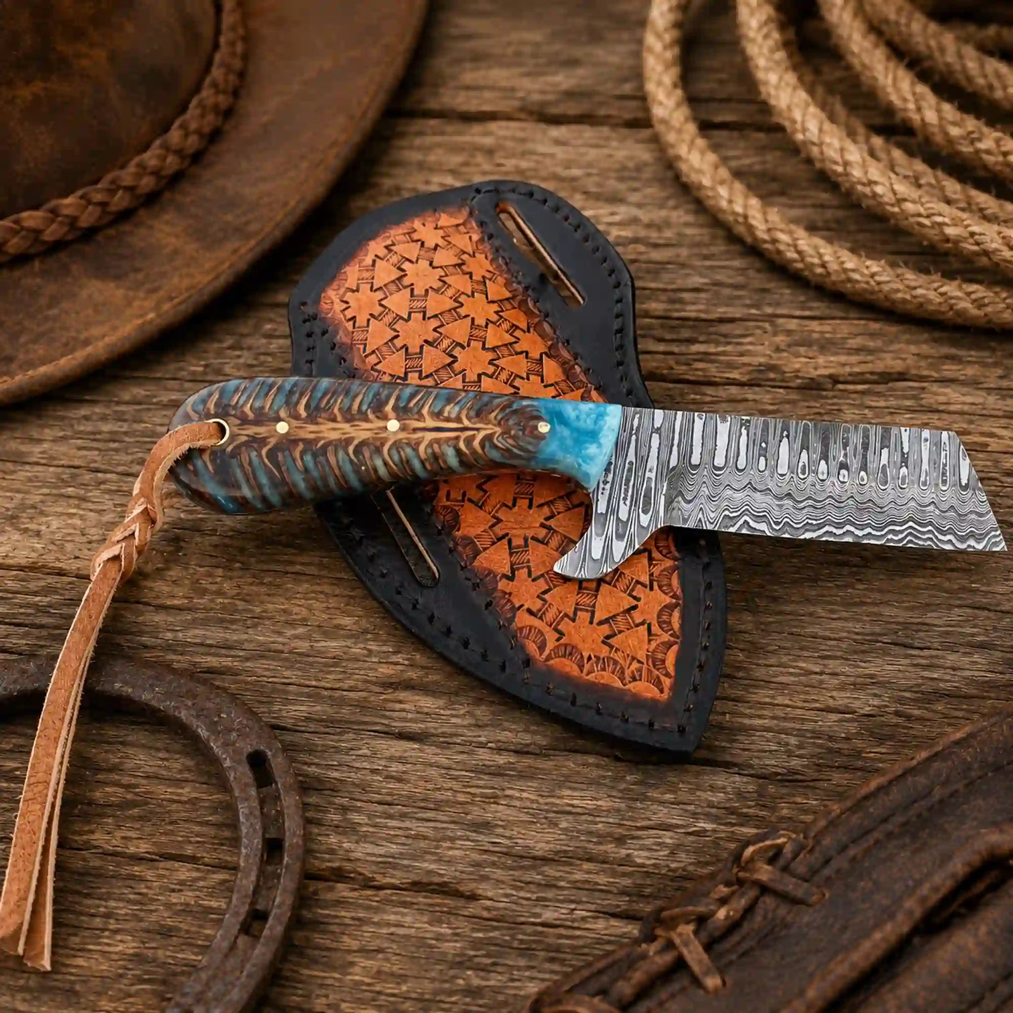 Damascus Steel Bullcutter Knife with Pine Cone Handle & Leather Sheath