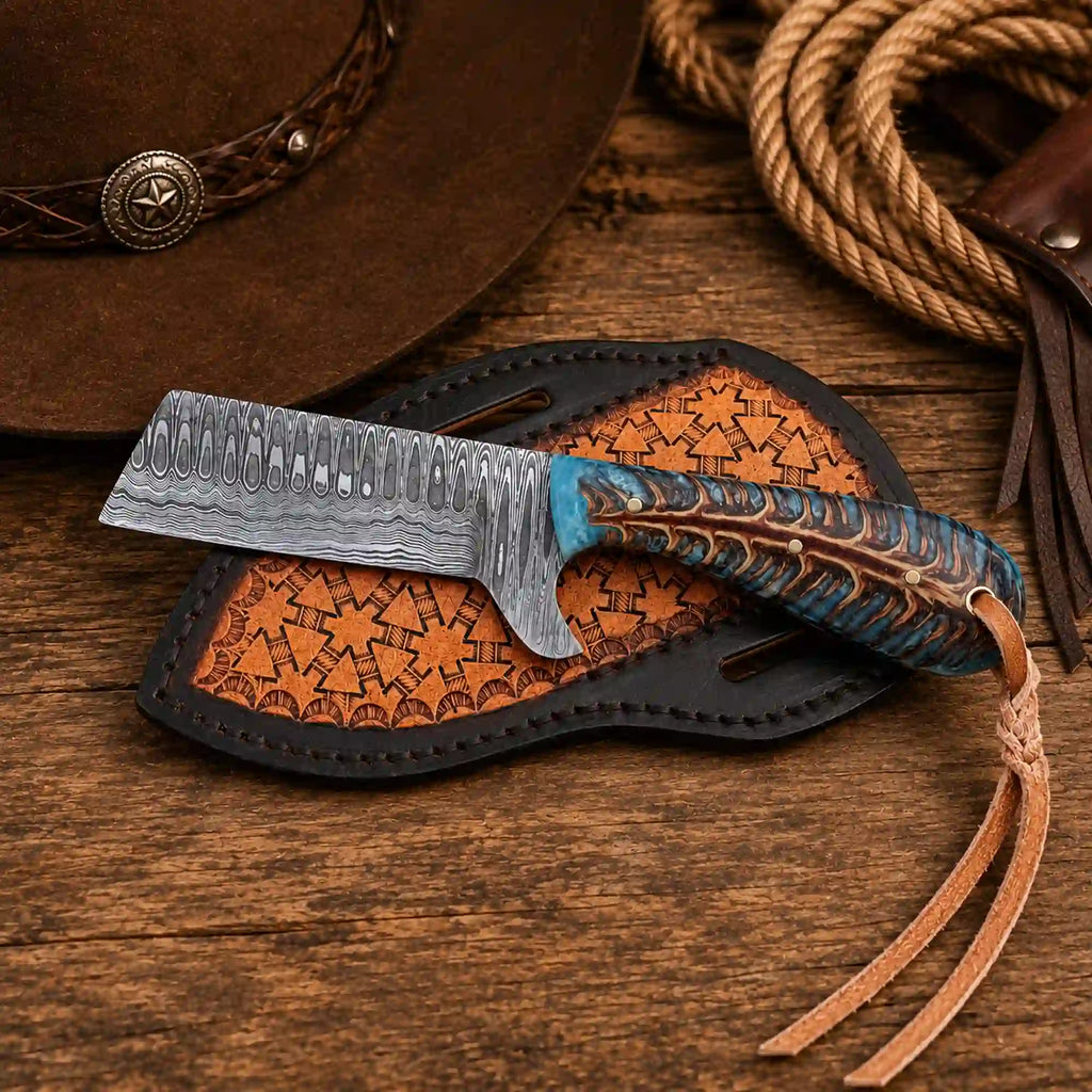 Damascus Steel Bullcutter Knife with Pine Cone Handle & Leather Sheath