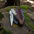 Hand-Engraved Damascus Steel Folding Knife – Custom EDC with Engraved Wood Handle-8010