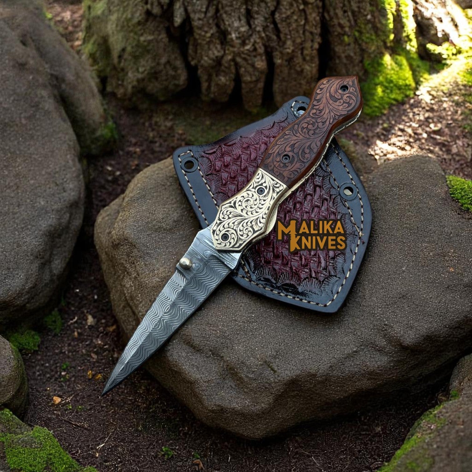 Hand-Engraved Damascus Steel Folding Knife – Custom EDC with Engraved Wood Handle-8010