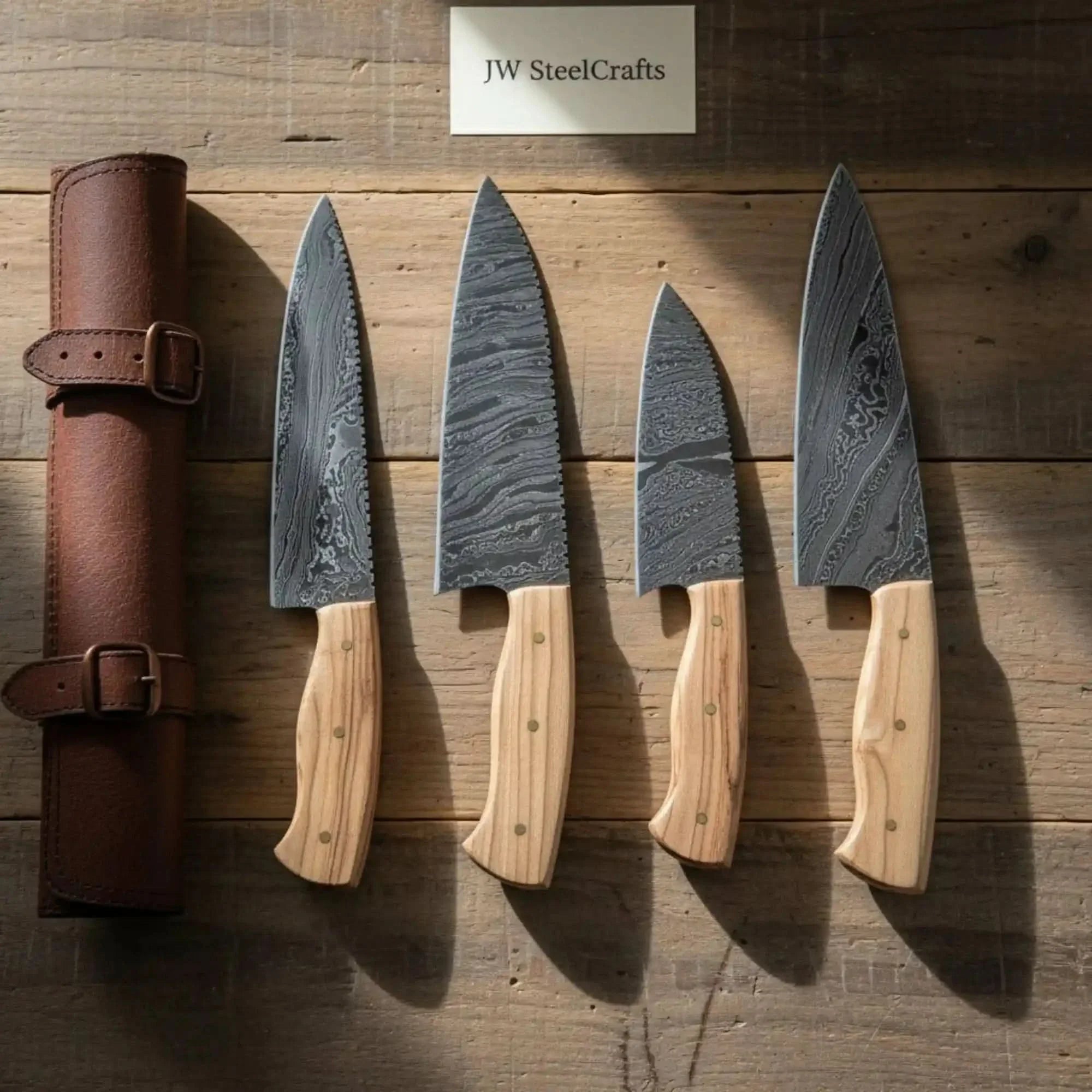 Handmade Damascus Kitchen Knife Set with Olive Wood Handles & Leather Roll by JW SteelCrafts