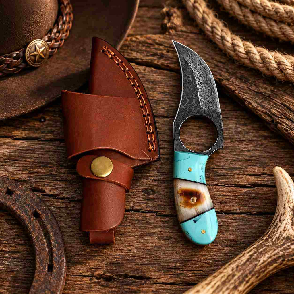 Damascus Skinner Knife with Turquoise Horn Handle, Finger Ring & Leather Sheath