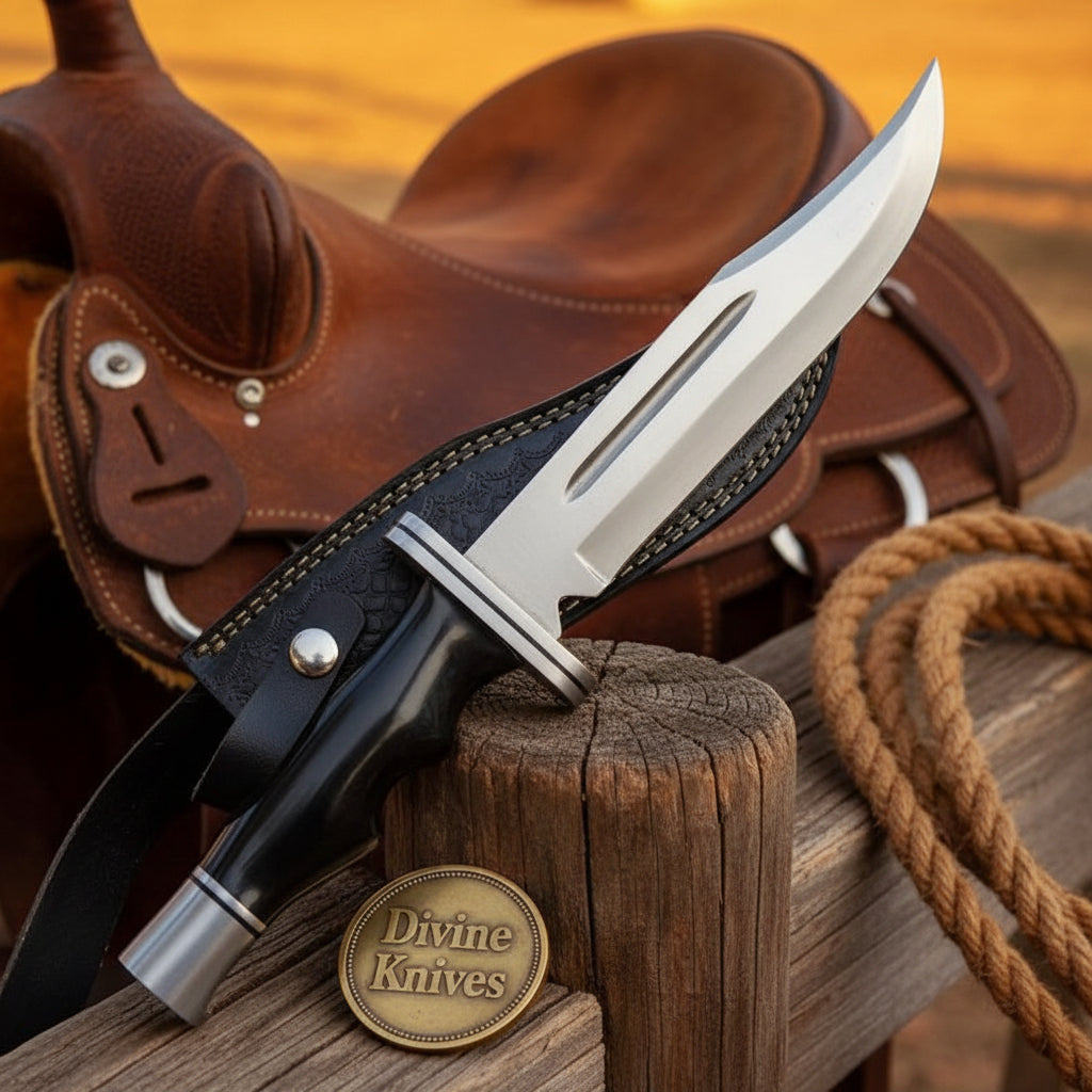 Blood Groove Hunting Knife with Dark Handle and Textured Leather Sheath