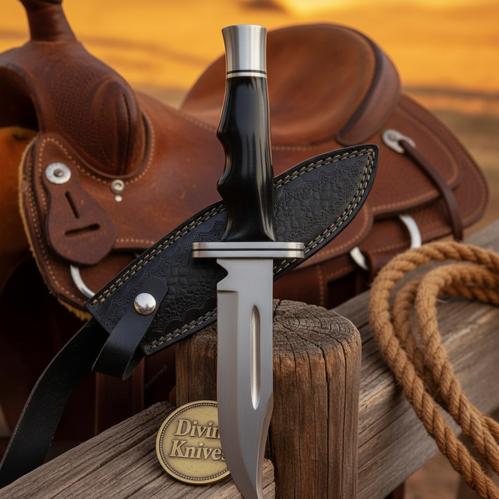 Blood Groove Hunting Knife with Dark Handle and Textured Leather Sheath