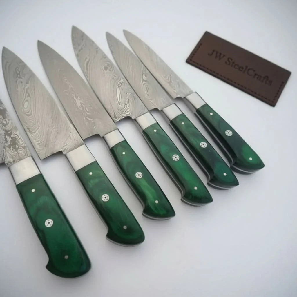 6-Piece Damascus Kitchen Knife Set with Green Wood Handle - Professional Cooking Collection