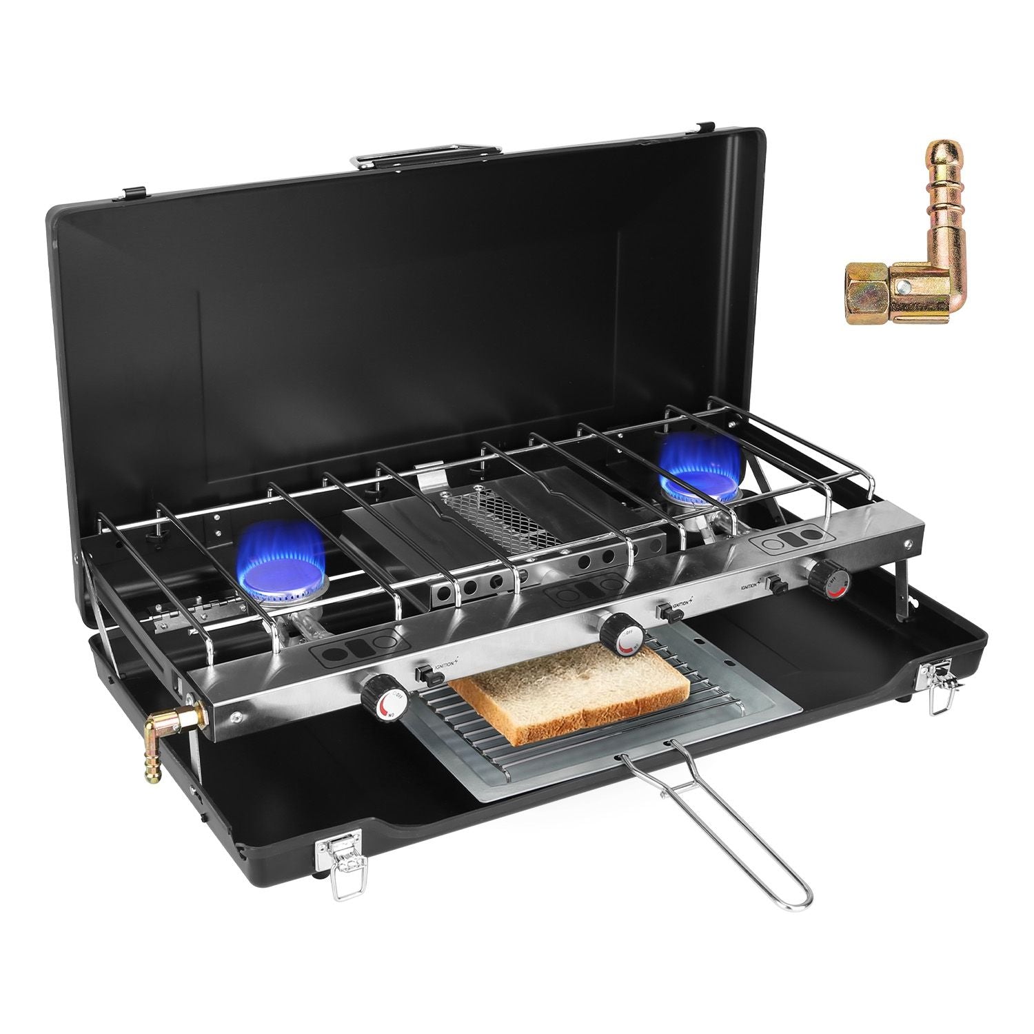 3 Burner Camping Stove 20000 BTU Portable Foldable Propane Stove With Toast Tray Windshield Portable Handle Outdoor Cooking Gas Stove For RV Camping BBQ Picnic Backyard