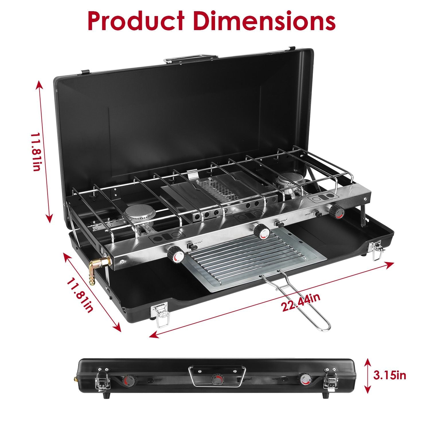 3 Burner Camping Stove 20000 BTU Portable Foldable Propane Stove With Toast Tray Windshield Portable Handle Outdoor Cooking Gas Stove For RV Camping BBQ Picnic Backyard
