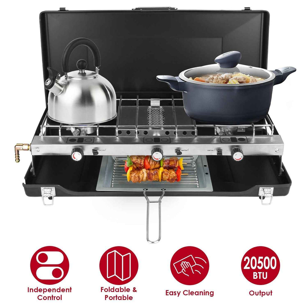 3 Burner Camping Stove 20000 BTU Portable Foldable Propane Stove With Toast Tray Windshield Portable Handle Outdoor Cooking Gas Stove For RV Camping BBQ Picnic Backyard