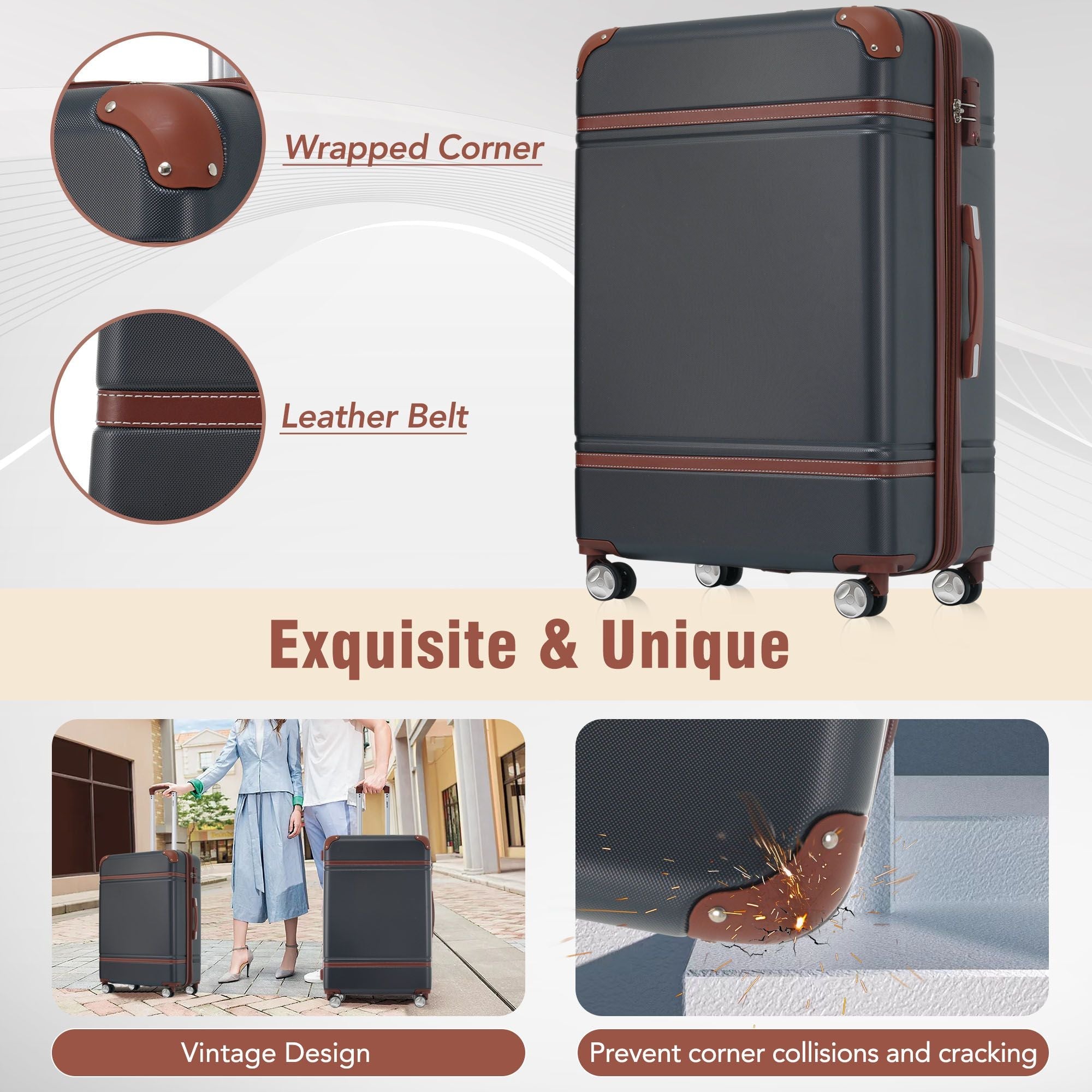 Hardshell Luggage Sets 3 Pieces 20"+24" Luggages and Cosmetic Case Spinner Suitcase with TSA Lock Lightweight,Black