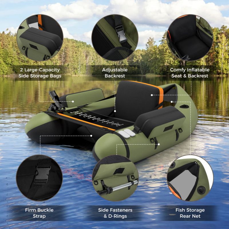 Inflatable Fishing Float Tube with Pump Storage Pockets and Fish Ruler