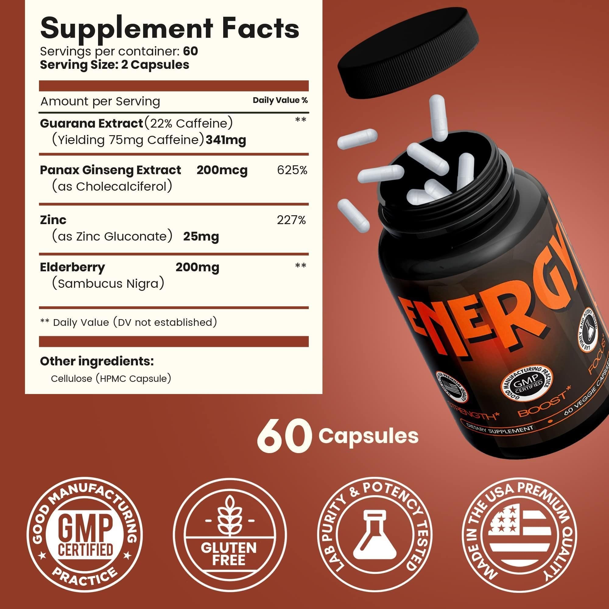 All Natural Energy Supplements with Elderberry Caffeine Pills 60 Capsules