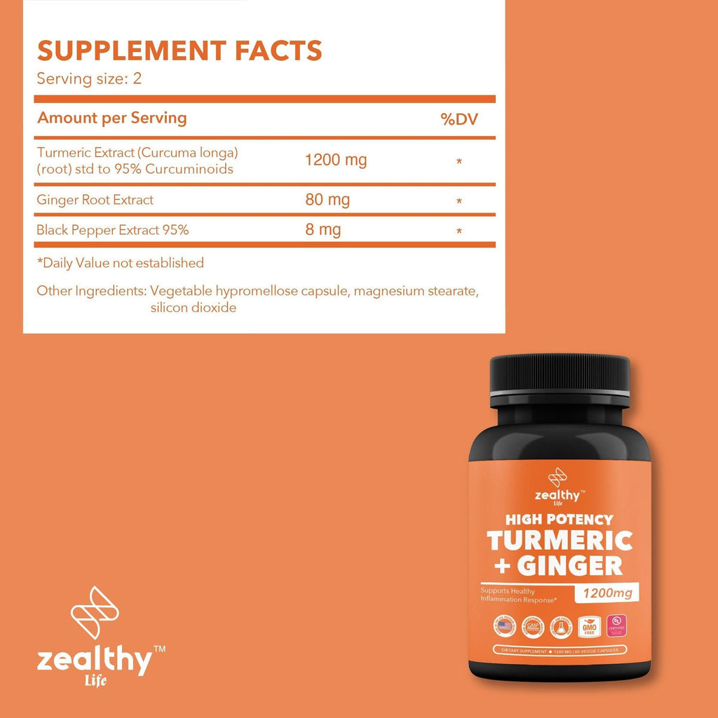 High Potency 1200mg Turmeric and Ginger Supplement Antioxidant 180 Capsules