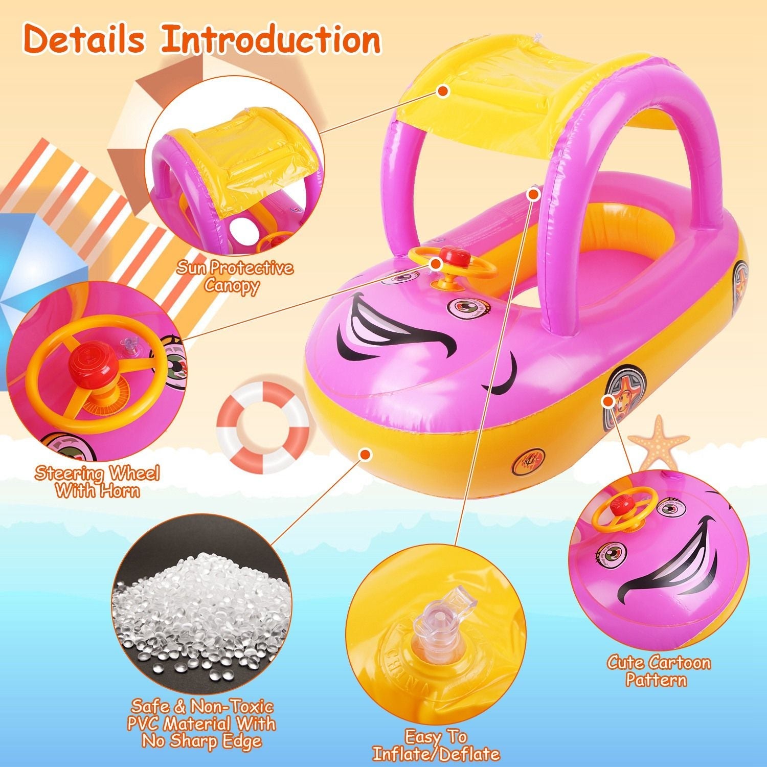 Car-Shaped Baby Float with Canopy – Toddler Swim Ring Toy