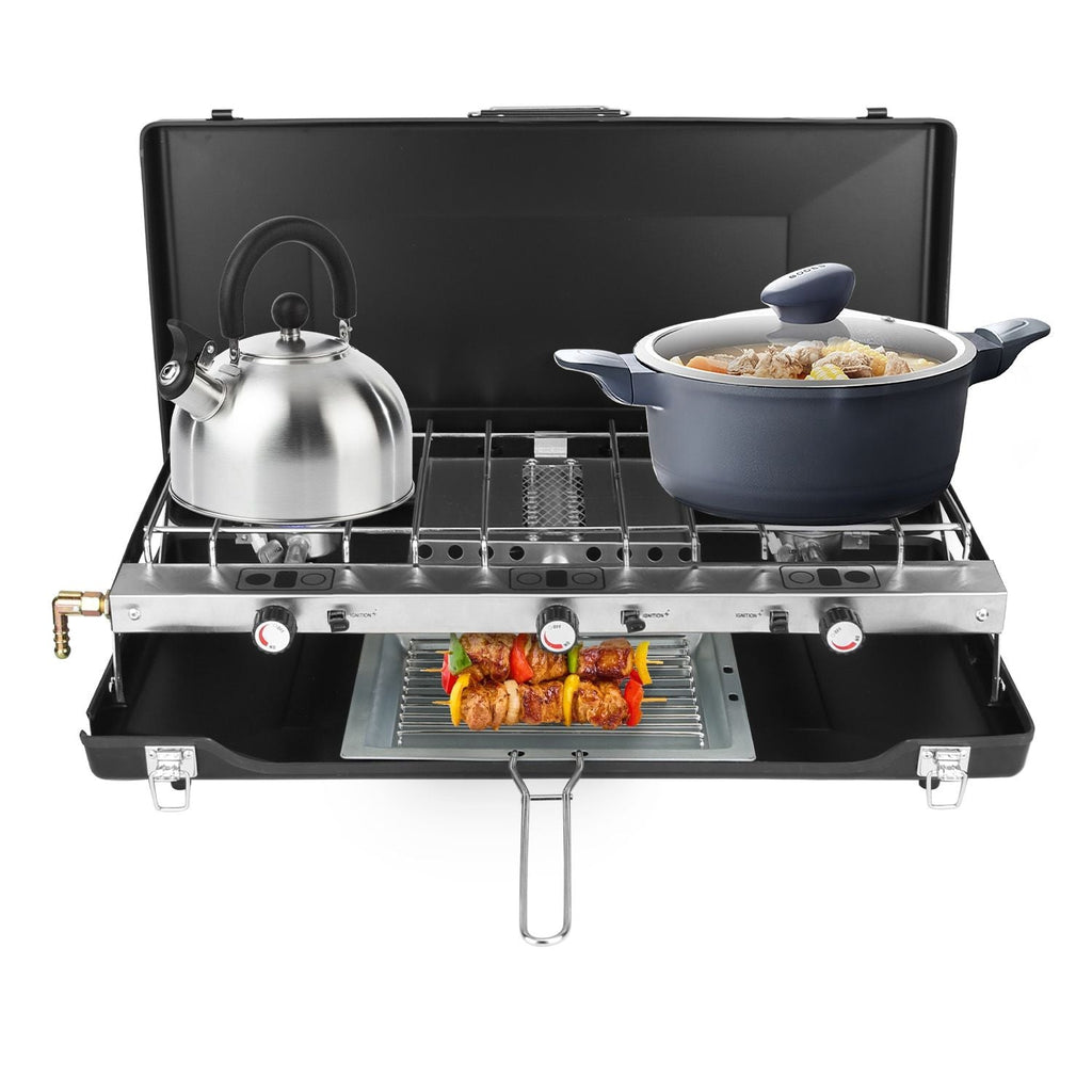 3 Burner Camping Stove 20000 BTU Portable Foldable Propane Stove With Toast Tray Windshield Portable Handle Outdoor Cooking Gas Stove For RV Camping BBQ Picnic Backyard