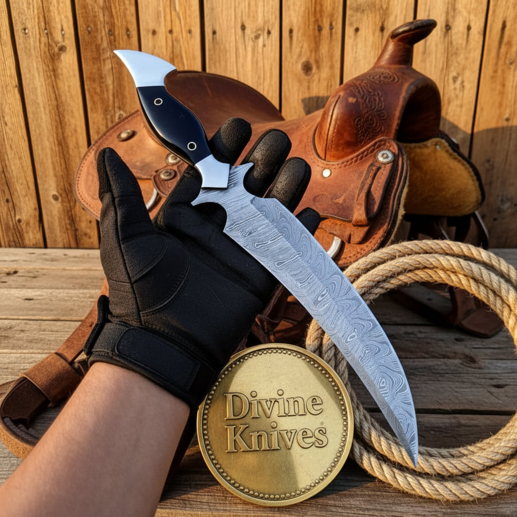 Hooked Guard Skinner Dagger with Black Handle and Long Patterned Blade
