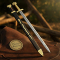 Norse Long Sword with Gold Hilt and Engraved Wood Scabbard for Display
