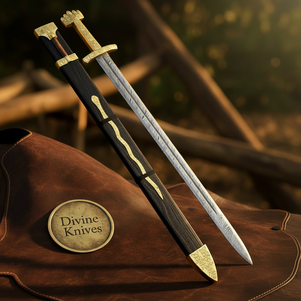 Norse Long Sword with Gold Hilt and Engraved Wood Scabbard for Display