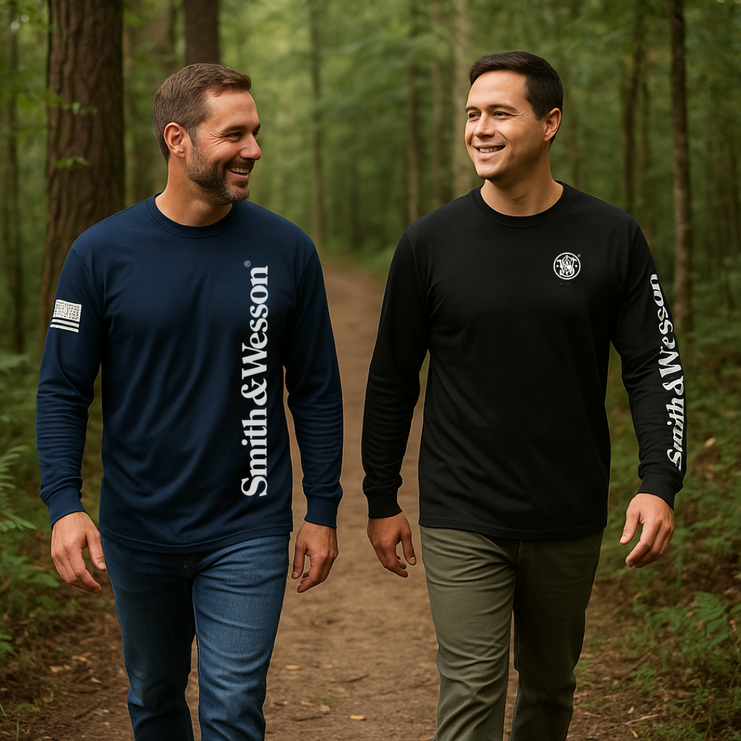 Smith & Wesson® Long Sleeve Tee with Vertical Logo & US Flag in Nickel Heather