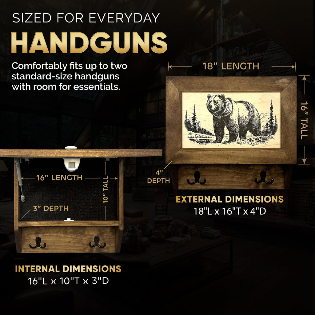 Grizzly Bear Gun Concealment Furniture - Handcrafted Hidden Gun Storage Wall Decor - Hidden Safe Furniture with Magnetic Lock for Quick Access - Made in USA