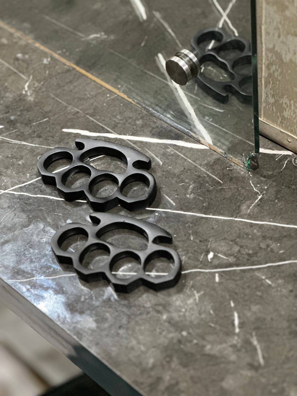 Custom Handmade Black Steel Knuckle Duster with Belt Loop Leather Case - Solid Brass Construction