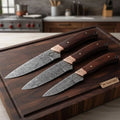 Handmade Damascus Steel Kitchen Knife Set with Engraved Bolsters and Rosewood Handles by JW Steel