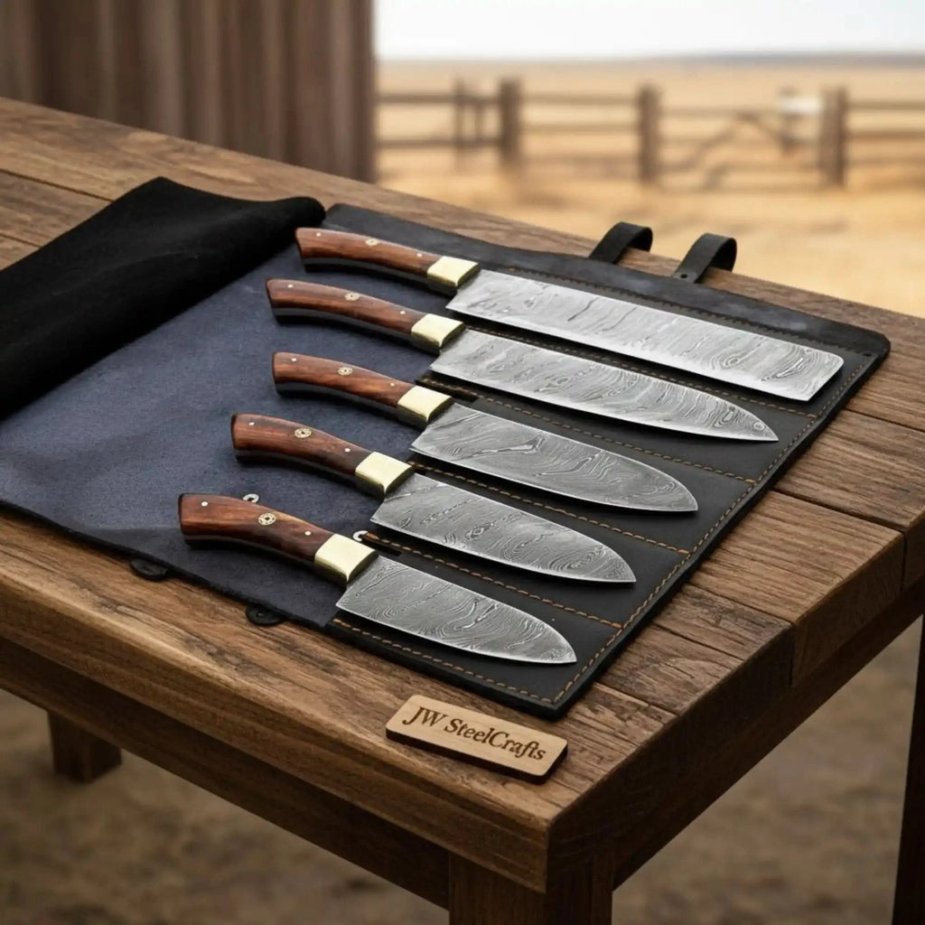 JW SteelCrafts 5 Piece Damascus Kitchen Knife Set Chef Santoku Utility and Paring Knives Pakka Wood Handle with Leather Knife Roll Professional Cooking Set