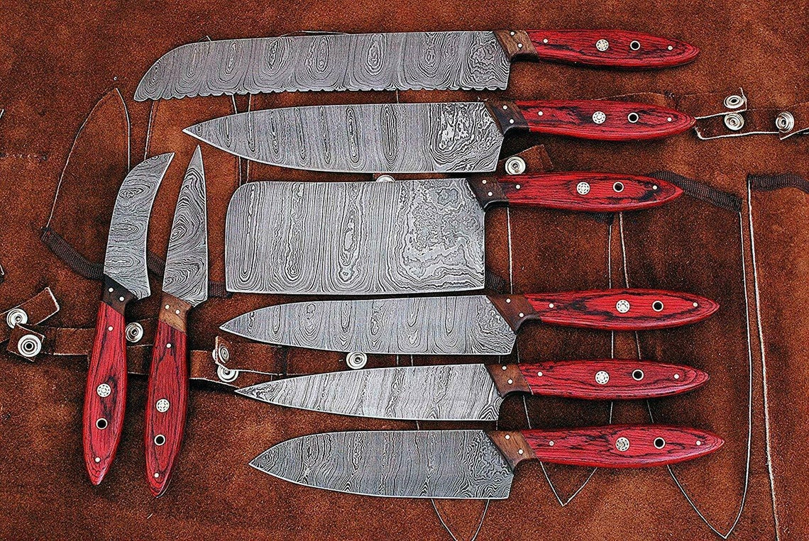 Custom Handmade Damascus Steel Chef Knife – 13” with Pakka Wood Handle & Leather Roll