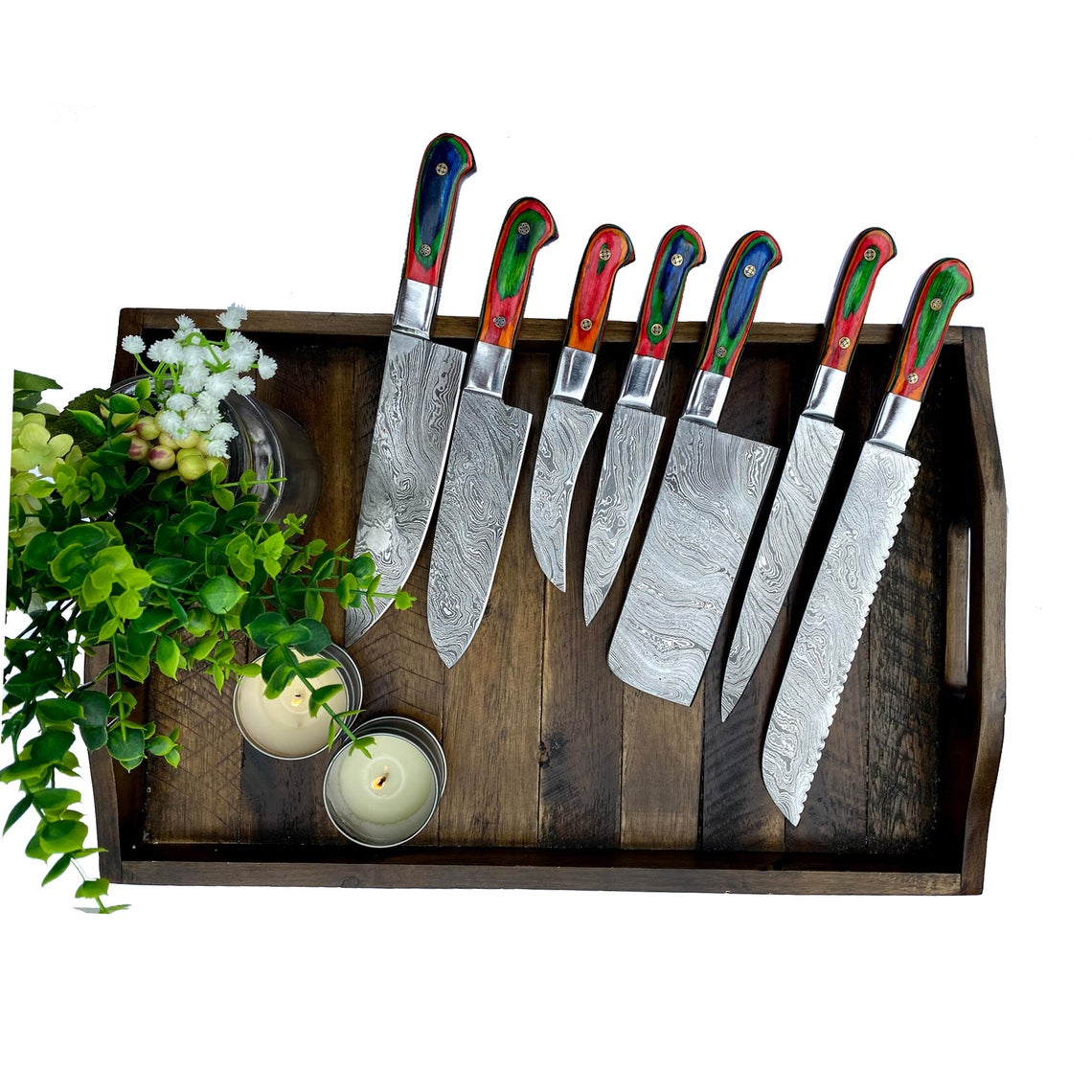 Custom Handmade Damascus Steel Knife Set – 13” Pakka Wood Handle, Steel Bolster & Leather Roll