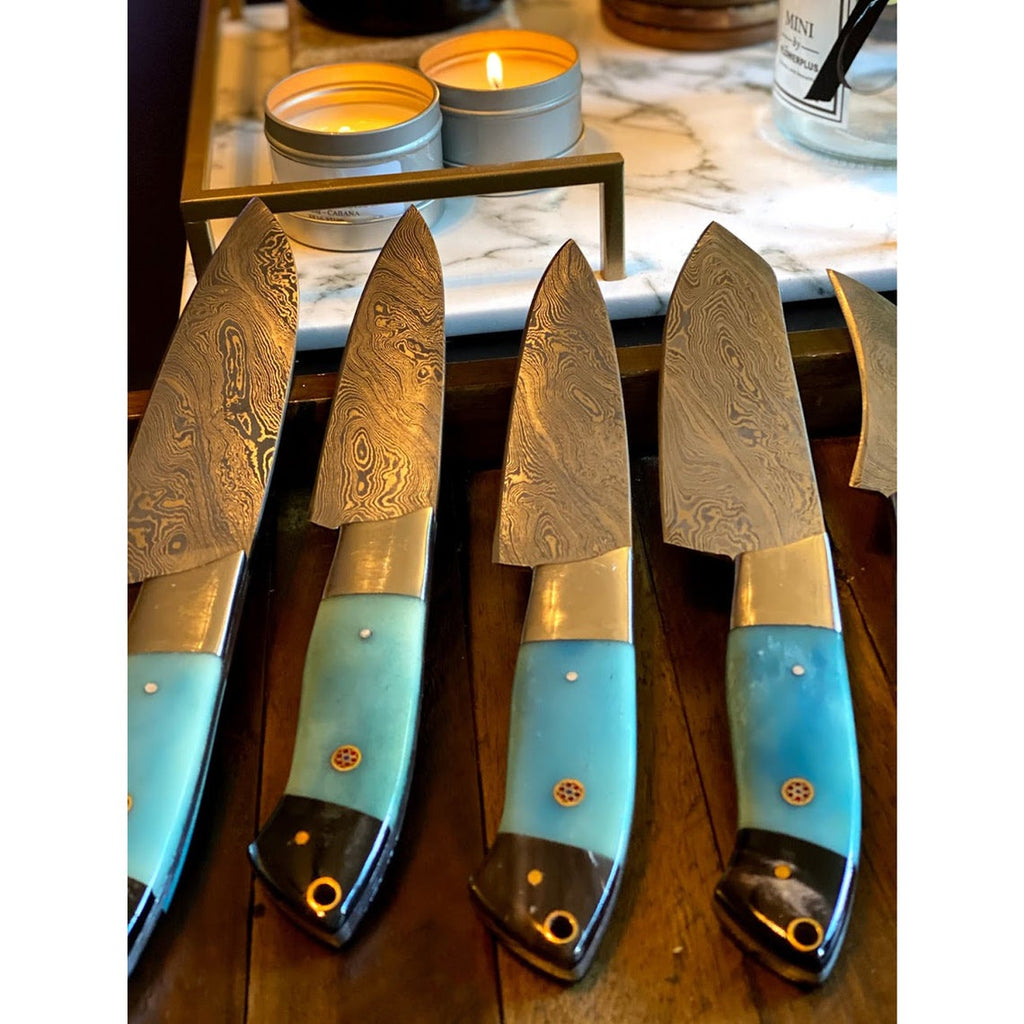 Custom Handmade Damascus Kitchen Knife – 13” with Colored Bone or Resin Handle, Steel Bolster & Leather Roll Kit
