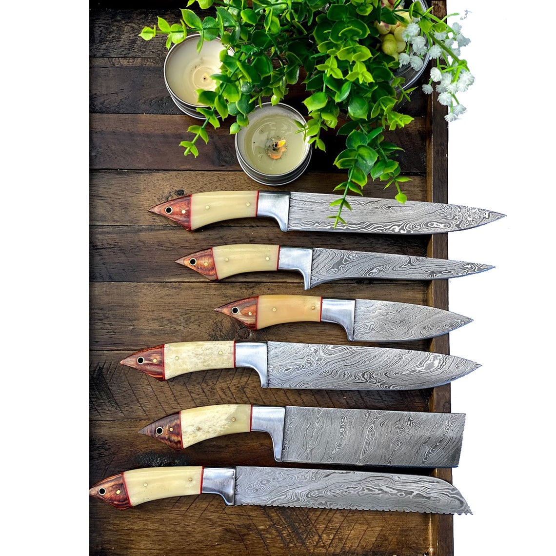 Custom Handmade Damascus Steel Knife Set – 13” Camel Bone or Pakka Wood Handle with Steel Bolster & Leather Roll