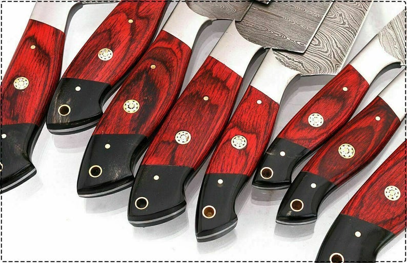 Custom Handmade Chef Knife Damascus – 13” with Resin or Pakka Wood Handle, Steel Bolster & Leather Roll