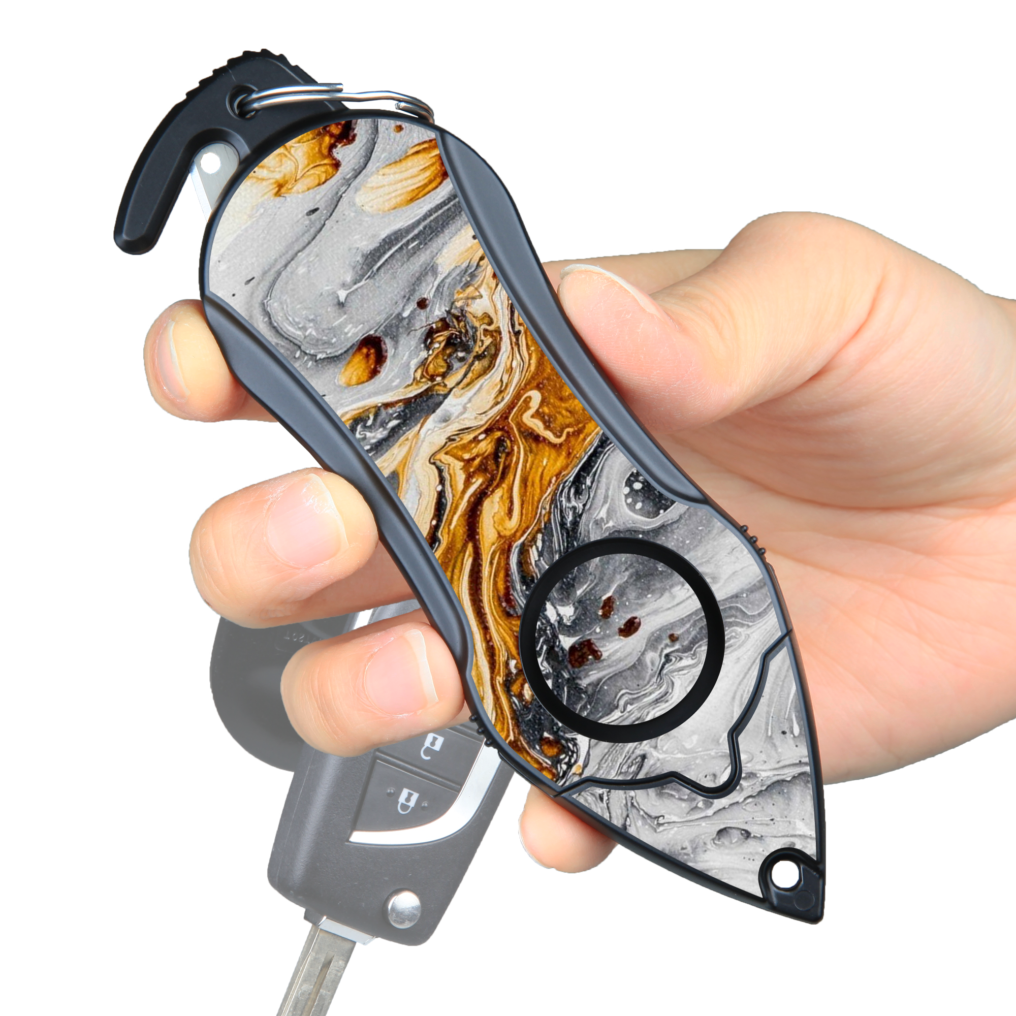 Stinger Personal Safety Alarm Keychain Emergency Tool: Siren Alarm, Seat Belt Cutter, Glass Breaker (Black Marble)