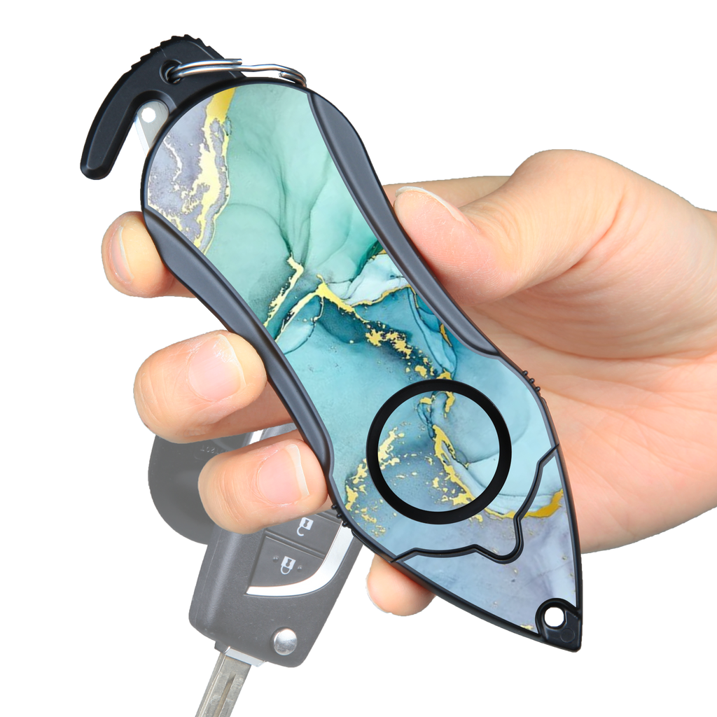 Personal Alarm Keychain Set: Safety Panic Alarm Siren, Seatbelt Cutter, Car Window Breaker, Wristlet Keychain, Contactless Key Tool, Pocket Flashlight (Green Marble)