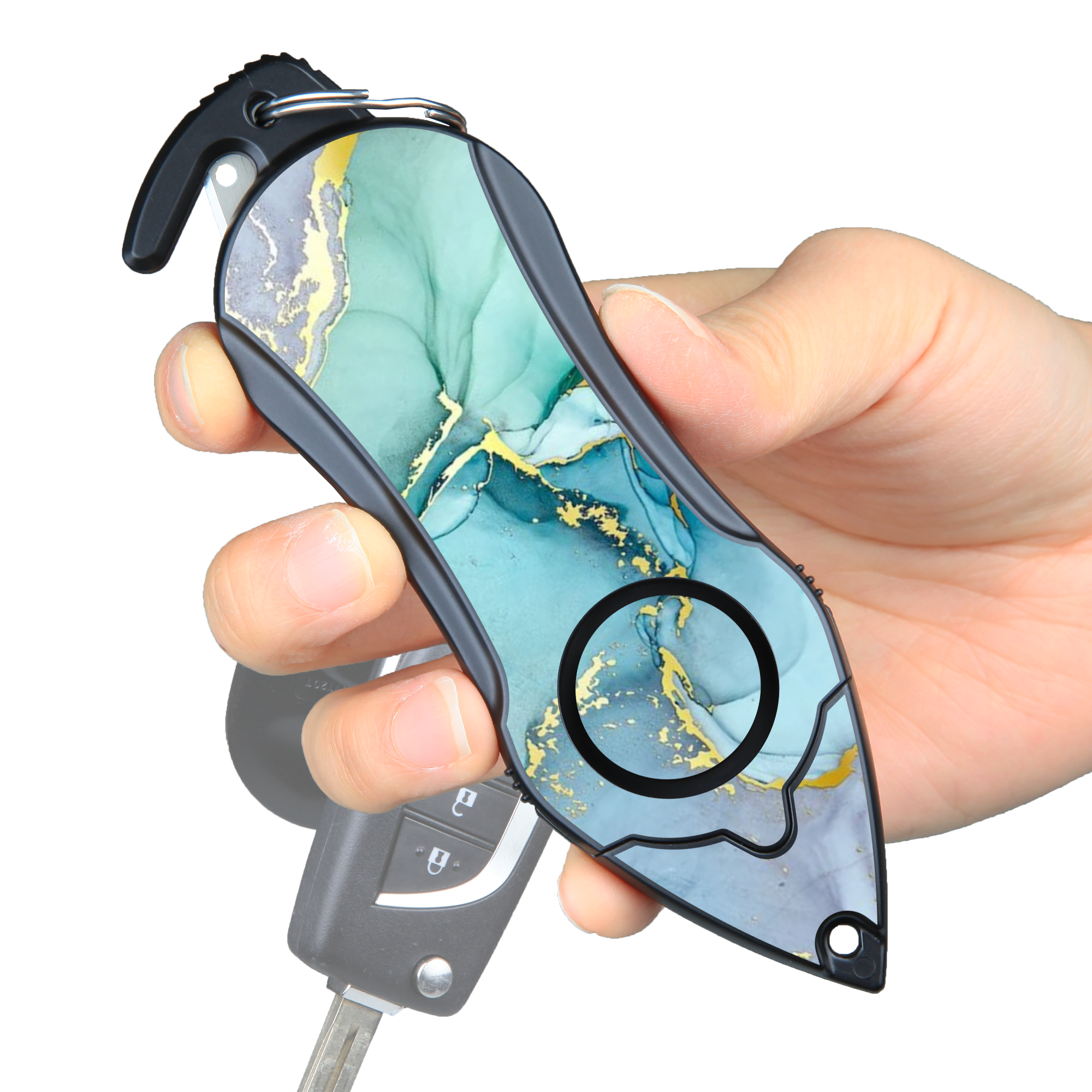 Personal Alarm Keychain Set: Safety Panic Alarm Siren, Seatbelt Cutter, Car Window Breaker, Wristlet Keychain, Contactless Key Tool, Pocket Flashlight (Green Marble)