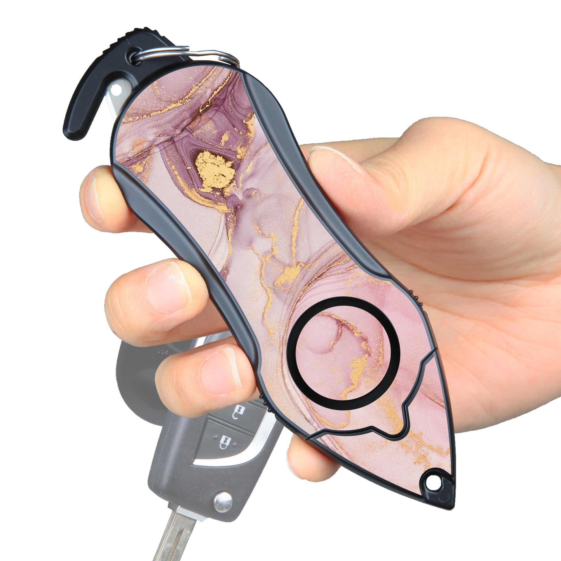 Personal Alarm Keychain Set: Safety Panic Alarm Siren, Seatbelt Cutter, Car Window Breaker, Wristlet Keychain, Contactless Key Tool, Pocket Flashlight (Pink Marble)