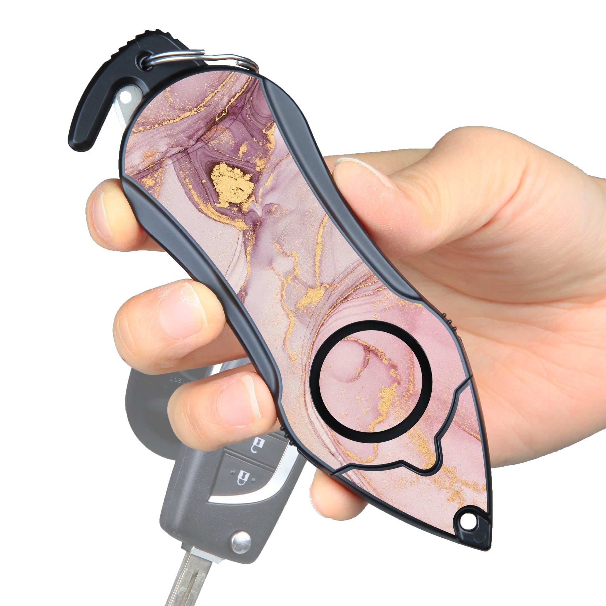 Personal Alarm Keychain Set: Safety Panic Alarm Siren, Seatbelt Cutter, Car Window Breaker, Wristlet Keychain, Contactless Key Tool, Pocket Flashlight (Pink Marble)