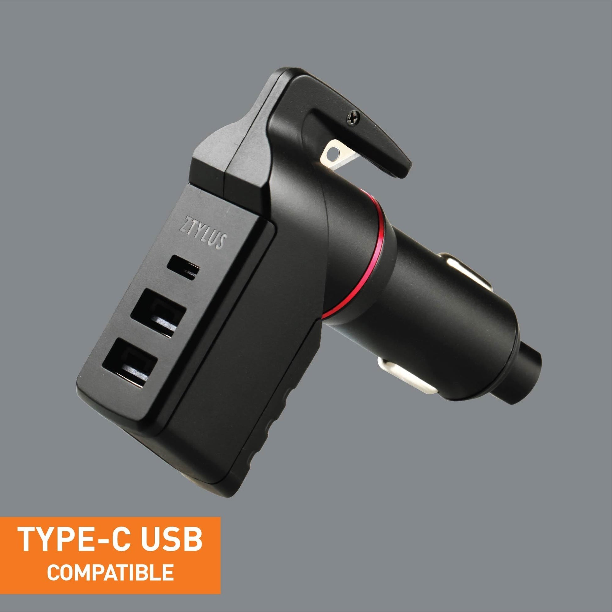 Stinger USB Type-C Car Charger Emergency Tool, Seatbelt Cutter, Spring-Loaded Car Window Breaker (Black)