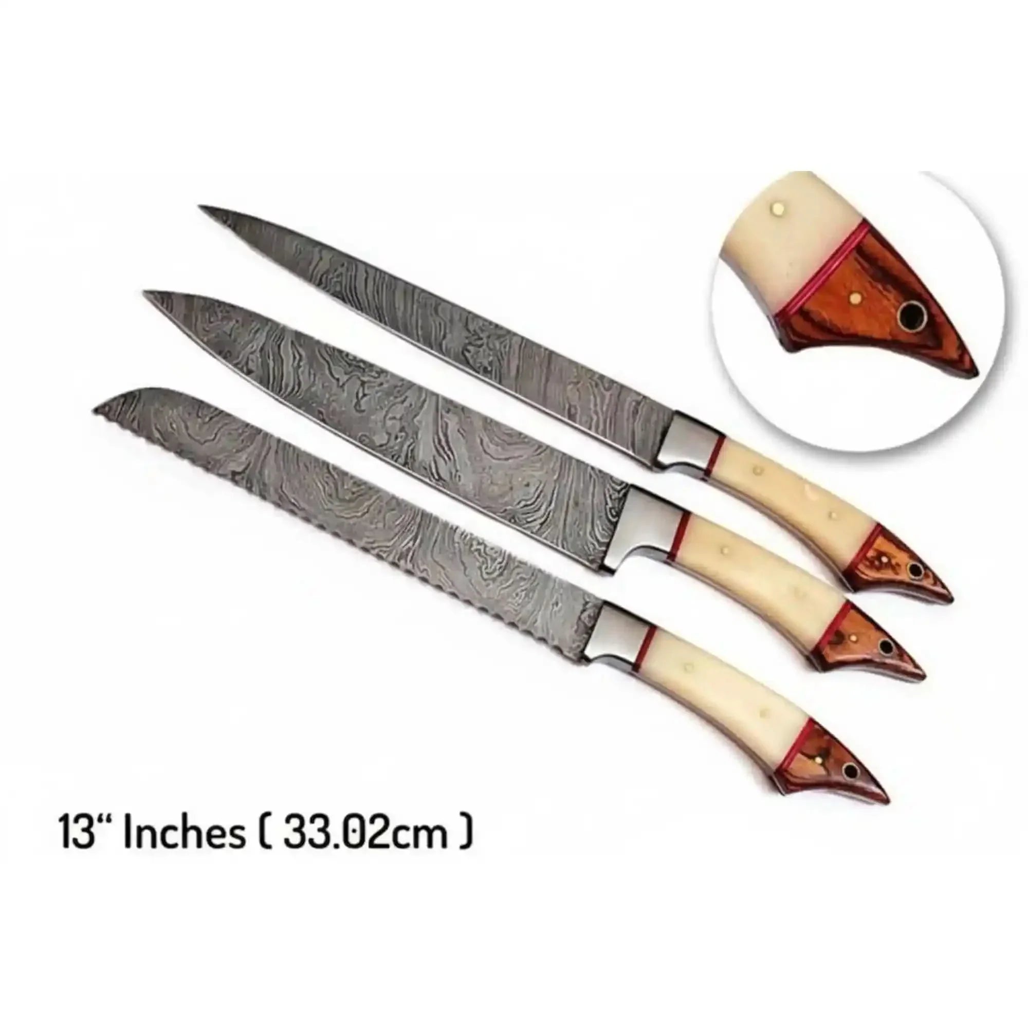 6-Piece Damascus Kitchen Knife Set — White Bone and Red Wood Handles