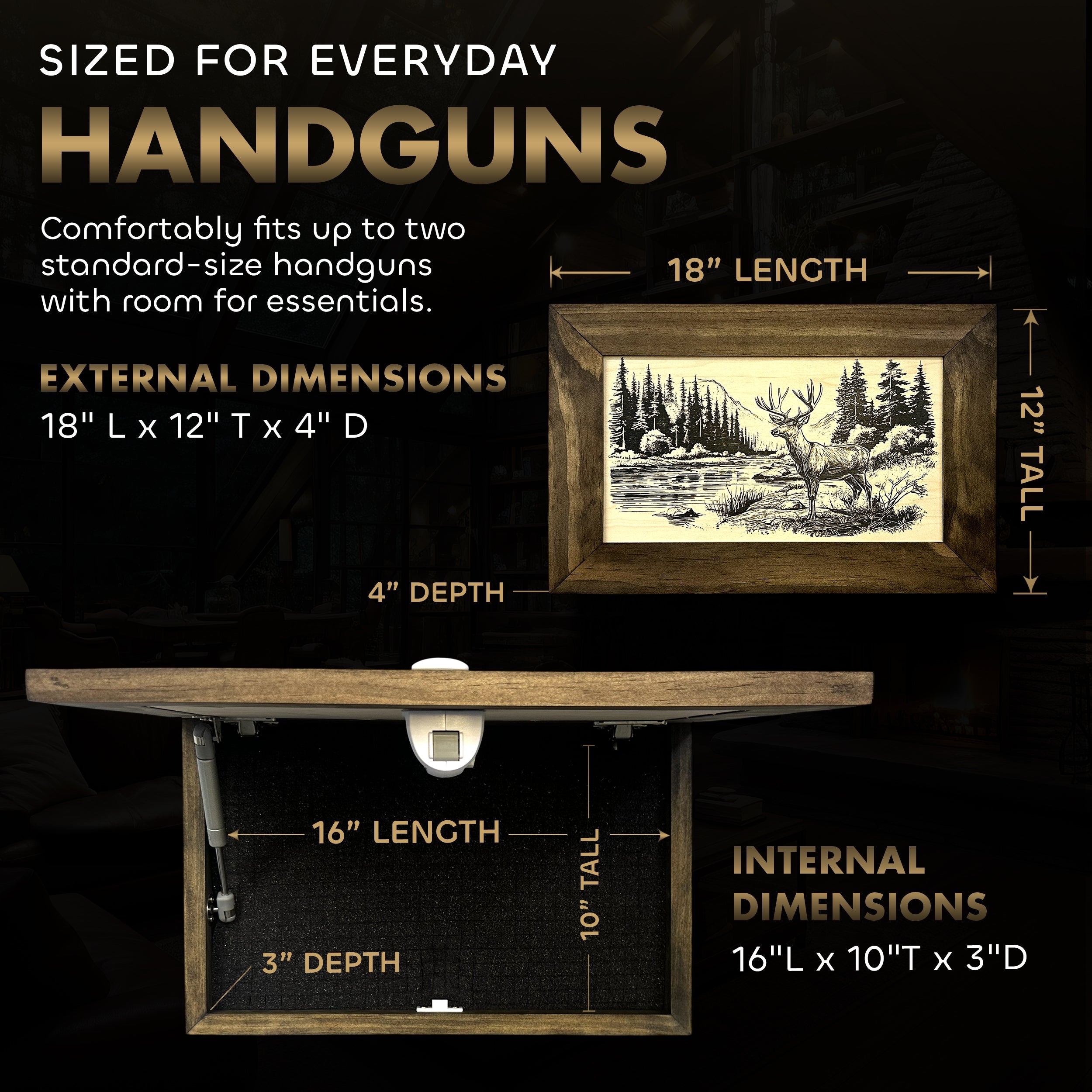 Deer Stream Buck Mountains Gun Concealment Furniture - Handcrafted Hidden Gun Storage Wall Decor - Hidden Safe Furniture with Magnetic Lock for Quick Access & Storage