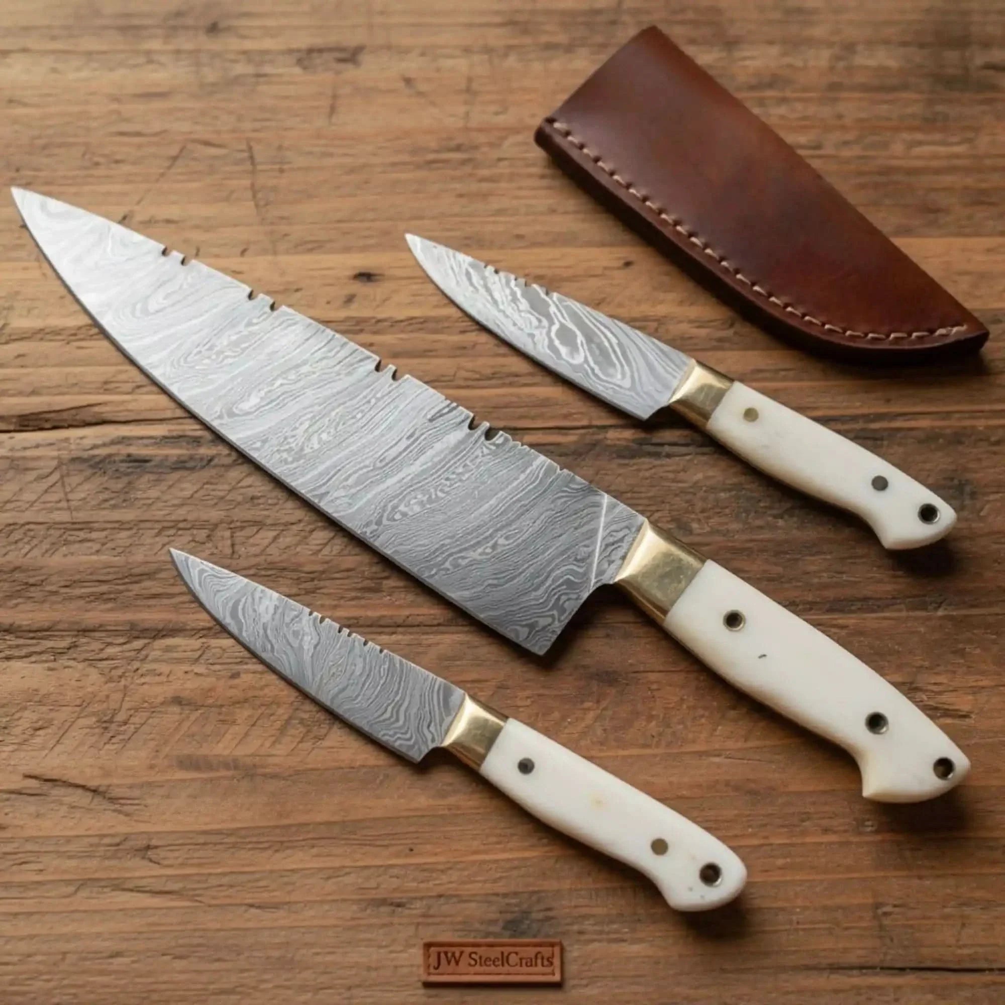 3-Piece Damascus Chinese Cleaver Knife Set – 14" Cleaver, Utility & Paring Knives, White Micarta Handles, Brass Bolsters