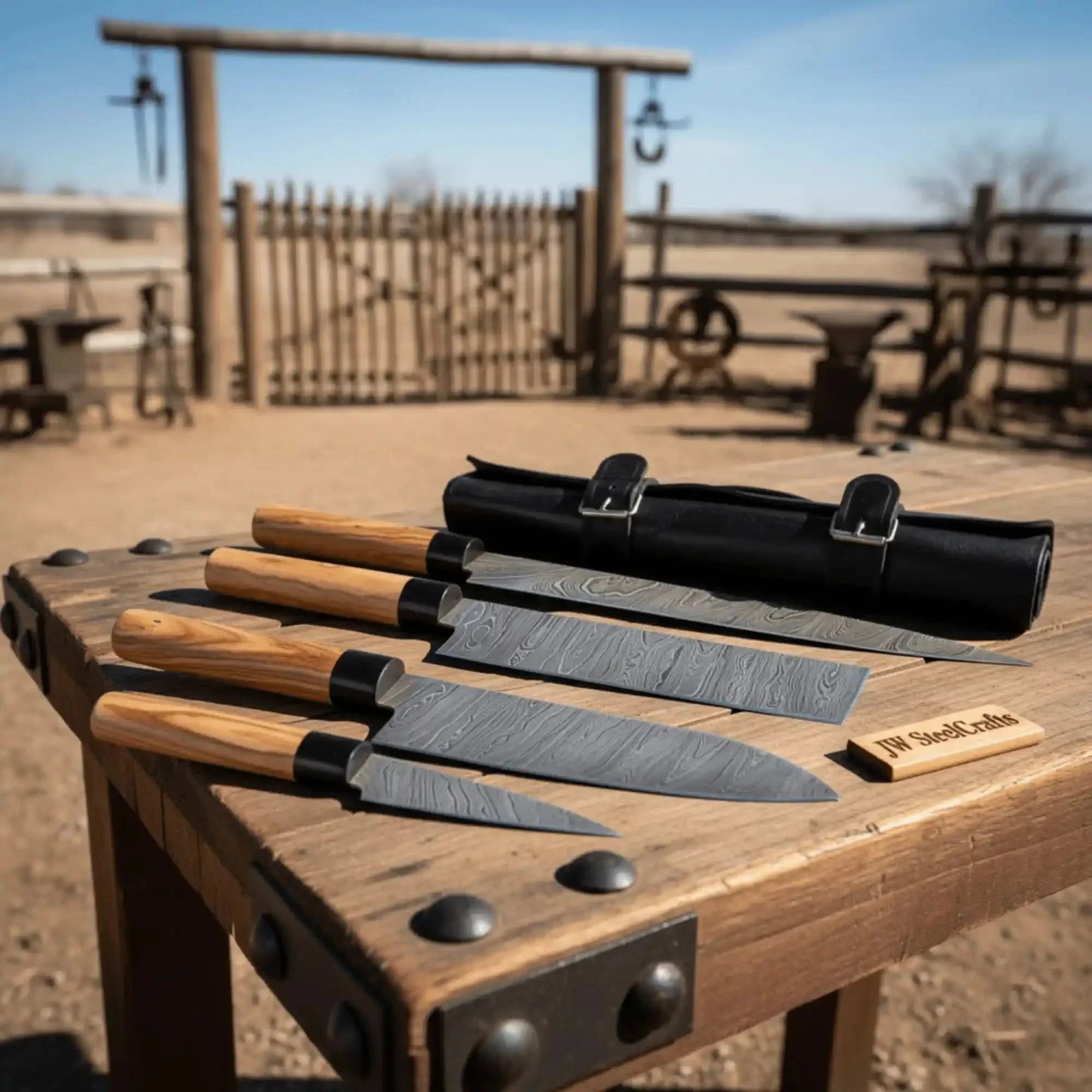 4-Piece Twisted Damascus Kitchen Knife Set — Chef, Nakiri, Slicer & Paring with Olive Wood Wa Handles & Black Leather Roll | JW Steel Crafts