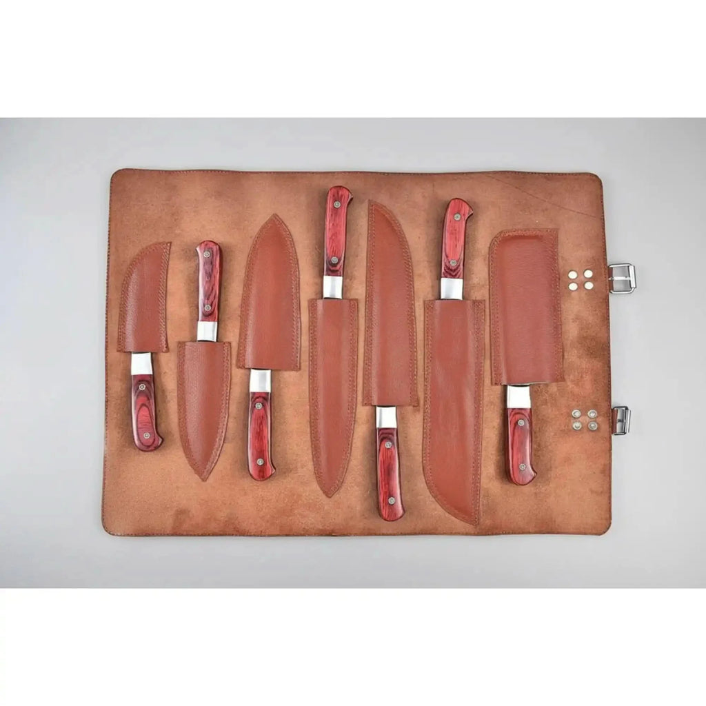 JW SteelCrafts 7 Piece Damascus Kitchen Knife Set, Paring Utility Santoku Chef Carving Bread Knife and Vegetable Cleaver, Handmade Damascus Steel Knife Set Red Wood Handle