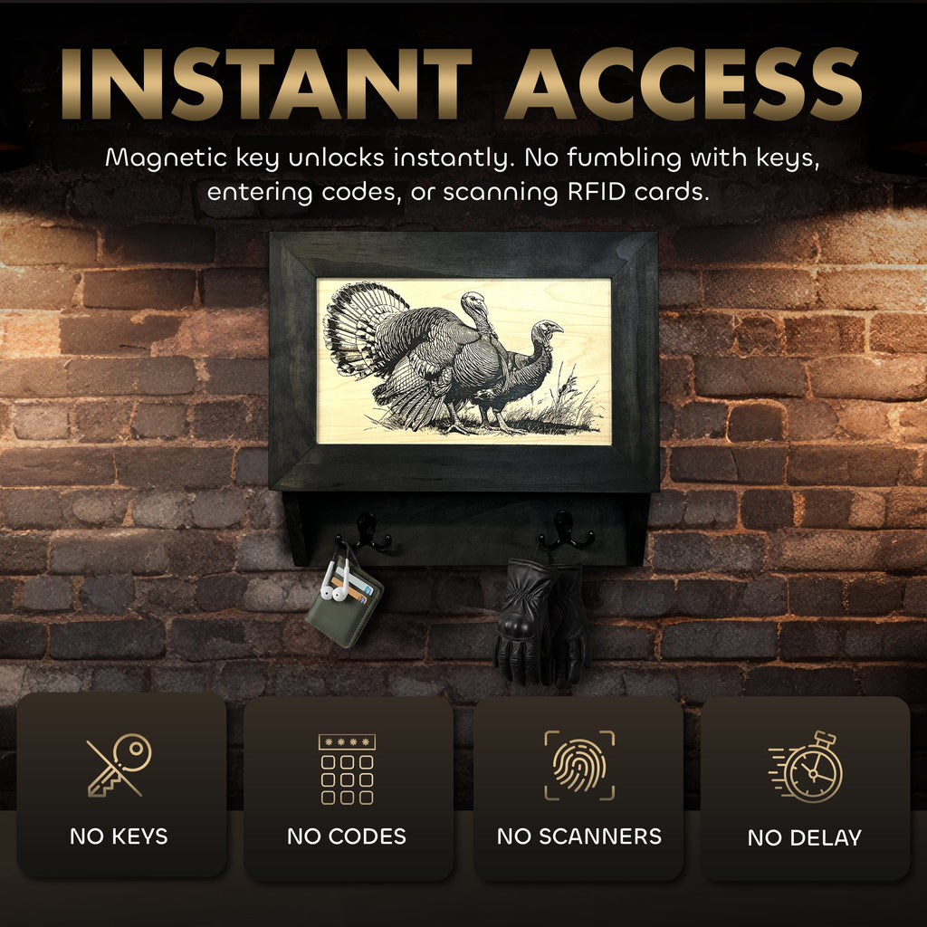 Wild Turkey Pair Gun Concealment Furniture - Handcrafted Hidden Gun Storage Wall Decor - Hidden Safe Furniture with Magnetic Lock for Quick Access & Storage - Made in USA