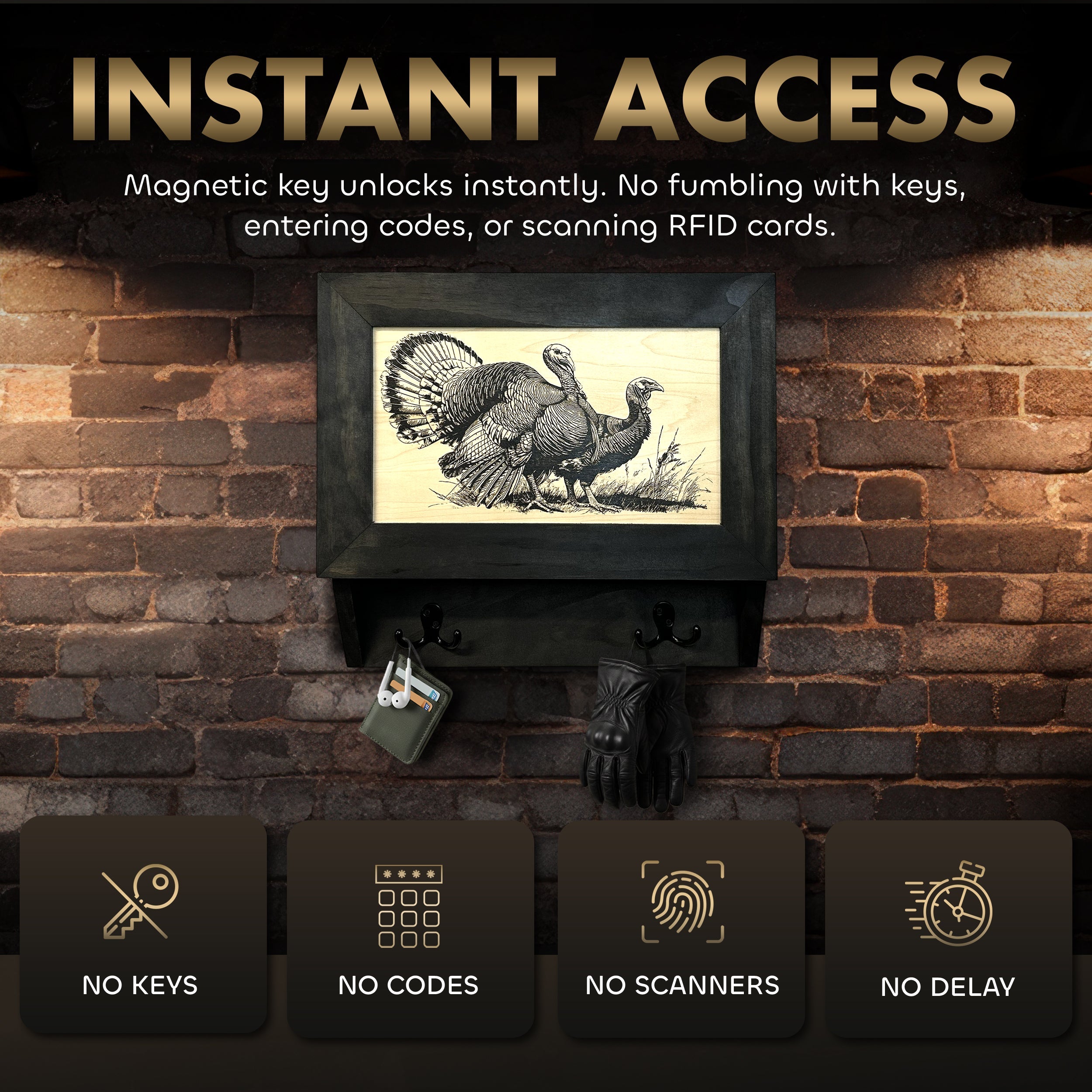 Wild Turkey Pair Gun Concealment Furniture - Handcrafted Hidden Gun Storage Wall Decor - Hidden Safe Furniture with Magnetic Lock for Quick Access & Storage - Made in USA